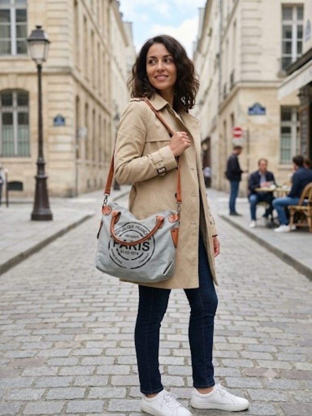 Canvas Tote Bag with Leather Trim - Light Gray and Tan